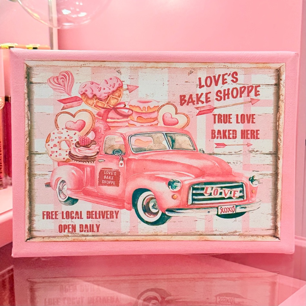 Pink Vintage Truck Valentine Bakery Sweets Decor Canvas Picture